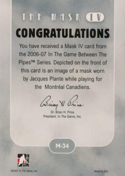 2006-07 In The Game Between The Pipes - The Mask IV Gold #M-34 Jacques Plante  Back