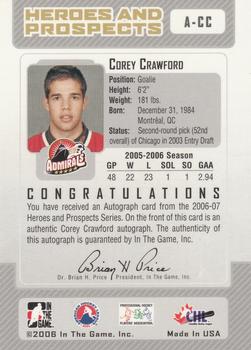 2006-07 In The Game Heroes and Prospects - Autographs #A-CC Corey Crawford  Back