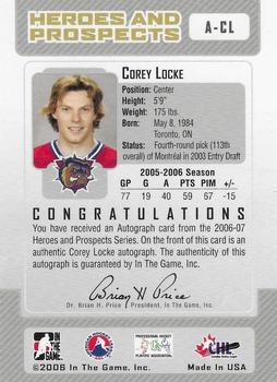 2006-07 In The Game Heroes and Prospects - Autographs #A-CL Corey Locke  Back