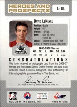 2006-07 In The Game Heroes and Prospects - Autographs #A-DL David LeNeveu  Back
