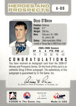 2006-07 In The Game Heroes and Prospects - Autographs #A-DO Doug O'Brien  Back