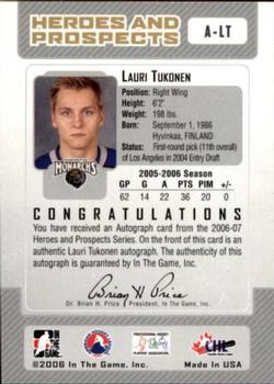 2006-07 In The Game Heroes and Prospects - Autographs #A-LT Lauri Tukonen  Back