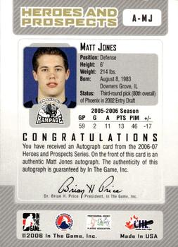 2006-07 In The Game Heroes and Prospects - Autographs #A-MJ Matt Jones  Back