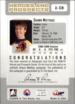 2006-07 In The Game Heroes and Prospects - Autographs #A-SM Shawn Matthias  Back
