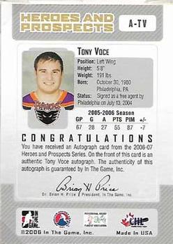 2006-07 In The Game Heroes and Prospects - Autographs #A-TV Tony Voce  Back