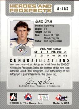 2006-07 In The Game Heroes and Prospects - Autographs #A-JAS Jared Staal  Back