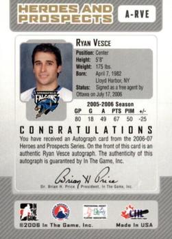 2006-07 In The Game Heroes and Prospects - Autographs #A-RVE Ryan Vesce  Back