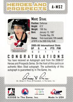 2006-07 In The Game Heroes and Prospects - Autographs #A-MS2 Marc Staal  Back