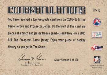 2006-07 In The Game Heroes and Prospects - CHL Top Prospects #TP-16 Carey Price  Back