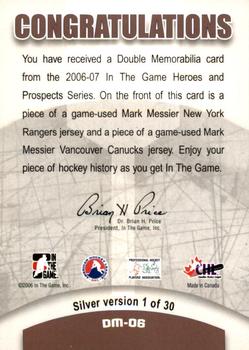 2006-07 In The Game Heroes and Prospects - Double Memorabilia Silver #DM-06 Mark Messier  Back