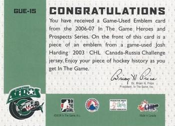 2006-07 In The Game Heroes and Prospects - Game-Used Emblems #GUE-15 Josh Harding  Back