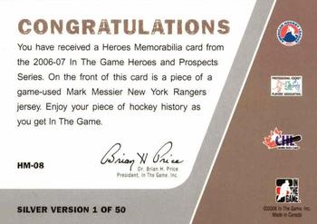 2006-07 In The Game Heroes and Prospects - Heroes Memorabilia #HM-08 Mark Messier  Back
