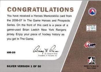 2006-07 In The Game Heroes and Prospects - Heroes Memorabilia #HM-09 Brian Leetch  Back
