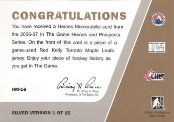 2006-07 In The Game Heroes and Prospects - Heroes Memorabilia #HM-16 Red Kelly  Back