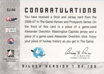 2006-07 In The Game Heroes and Prospects - Sticks and Jerseys #SJ-04 Alexander Ovechkin  Back
