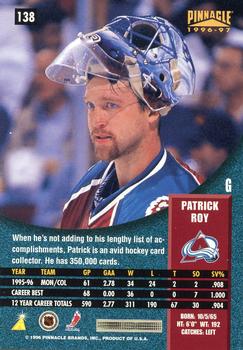 1996-97 Pinnacle #138 Patrick Roy Back
