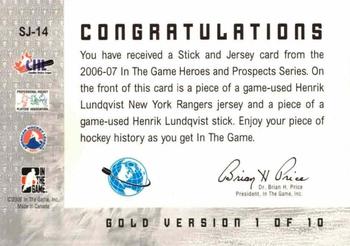 2006-07 In The Game Heroes and Prospects - Sticks and Jerseys Gold #SJ-14 Henrik Lundqvist  Back