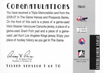 2006-07 In The Game Heroes and Prospects - Triple Memorabilia #TM-01 Mark Messier / Grant Fuhr / Jari Kurri  Back