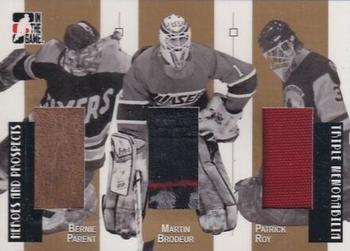 2006-07 In The Game Heroes and Prospects - Triple Memorabilia Gold #TM-02 Patrick Roy / Martin Brodeur / Bernie Parent  Front