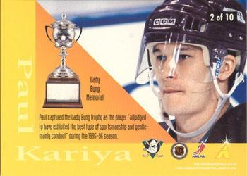 1996-97 Pinnacle - Trophies #2 Lady Byng Memorial Trophy (Paul Kariya) Back