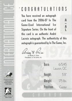 2006-07 In The Game Used International Ice - Autographs #A-AL Andre Lacroix  Back