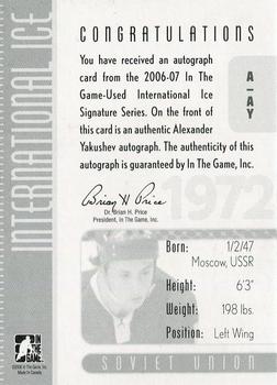 2006-07 In The Game Used International Ice - Autographs #A-AY Alexander Yakushev  Back