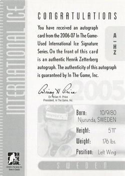 2006-07 In The Game Used International Ice - Autographs #A-HZ Henrik Zetterberg Back