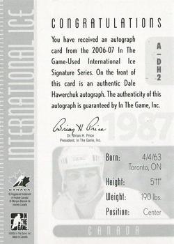 2006-07 In The Game Used International Ice - Autographs #A-DH2 Dale Hawerchuk  Back