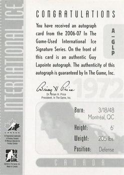 2006-07 In The Game Used International Ice - Autographs #A-GLP Guy Lapointe  Back