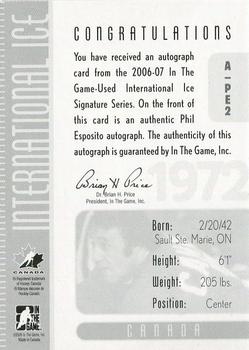 2006-07 In The Game Used International Ice - Autographs #A-PE2 Phil Esposito Back