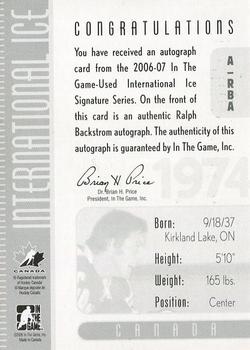 2006-07 In The Game Used International Ice - Autographs #A-RBA Ralph Backstrom  Back