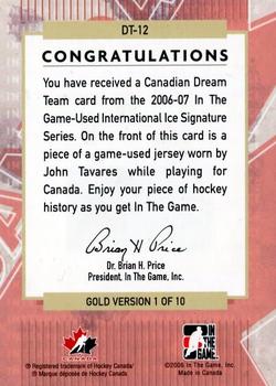 2006-07 In The Game Used International Ice - Canadian Dream Team Gold #DT-12 John Tavares  Back