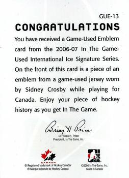 2006-07 In The Game Used International Ice - Emblems Gold #GUE-13 Sidney Crosby  Back