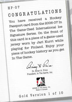 2006-07 In The Game Used International Ice - Hockey Passport Gold #HP-07 Jari Kurri  Back