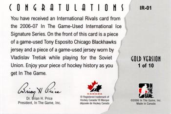 2006-07 In The Game Used International Ice - International Rivals Gold #IR-01 Tony Esposito / Vladislav Tretiak  Back
