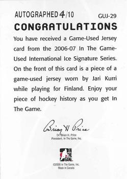 2006-07 In The Game Used International Ice - Jersey Autographs #GUJ-29 Jari Kurri  Back