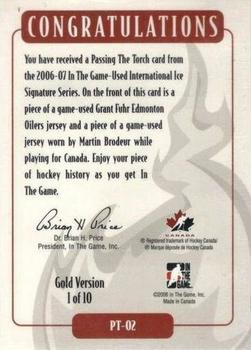 2006-07 In The Game Used International Ice - Passing The Torch Gold #PT-02 Grant Fuhr / Martin Brodeur  Back