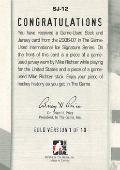 2006-07 In The Game Used International Ice - Stick and Jersey Gold #SJ-12 Mike Richter  Back