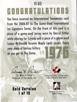 2006-07 In The Game Used International Ice - Teammates Gold #IT-03 Darryl Sittler / Lanny McDonald  Back
