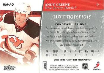 2007-08 Fleer Hot Prospects - Hot Materials #HM-AG Andy Greene  Back