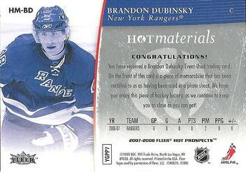 2007-08 Fleer Hot Prospects - Hot Materials #HM-BD Brandon Dubinsky  Back