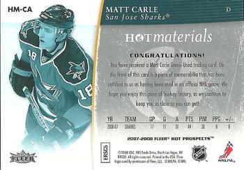 2007-08 Fleer Hot Prospects - Hot Materials #HM-CA Matt Carle  Back
