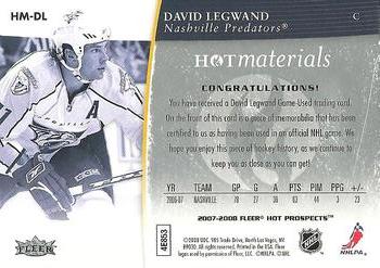 2007-08 Fleer Hot Prospects - Hot Materials #HM-DL David Legwand  Back