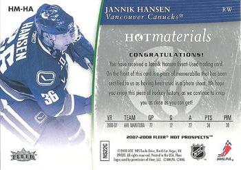 2007-08 Fleer Hot Prospects - Hot Materials #HM-HA Jannik Hansen  Back
