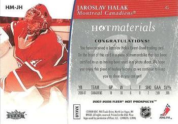 2007-08 Fleer Hot Prospects - Hot Materials #HM-JH Jaroslav Halak  Back