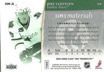 2007-08 Fleer Hot Prospects - Hot Materials #HM-JL Jere Lehtinen  Back