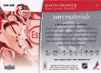 2007-08 Fleer Hot Prospects - Hot Materials #HM-MB Martin Brodeur  Back
