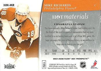 2007-08 Fleer Hot Prospects - Hot Materials #HM-MR Mike Richards  Back