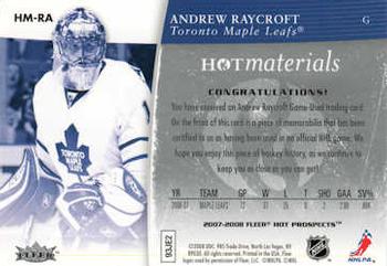 2007-08 Fleer Hot Prospects - Hot Materials #HM-RA Andrew Raycroft  Back