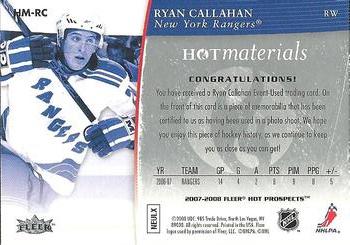 2007-08 Fleer Hot Prospects - Hot Materials #HM-RC Ryan Callahan  Back